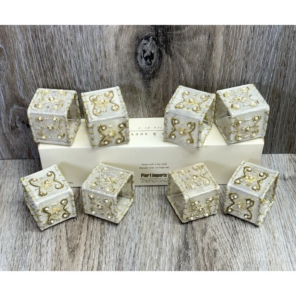 Pier 1 Imports 8 Napkin Rings Square Embellished Mesh Beads Faux Pearls Ornate